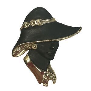 Torino ? Lady Black Hat Gold Tone Brooch‎ Pin 2.25" Matte Enamel Vintage